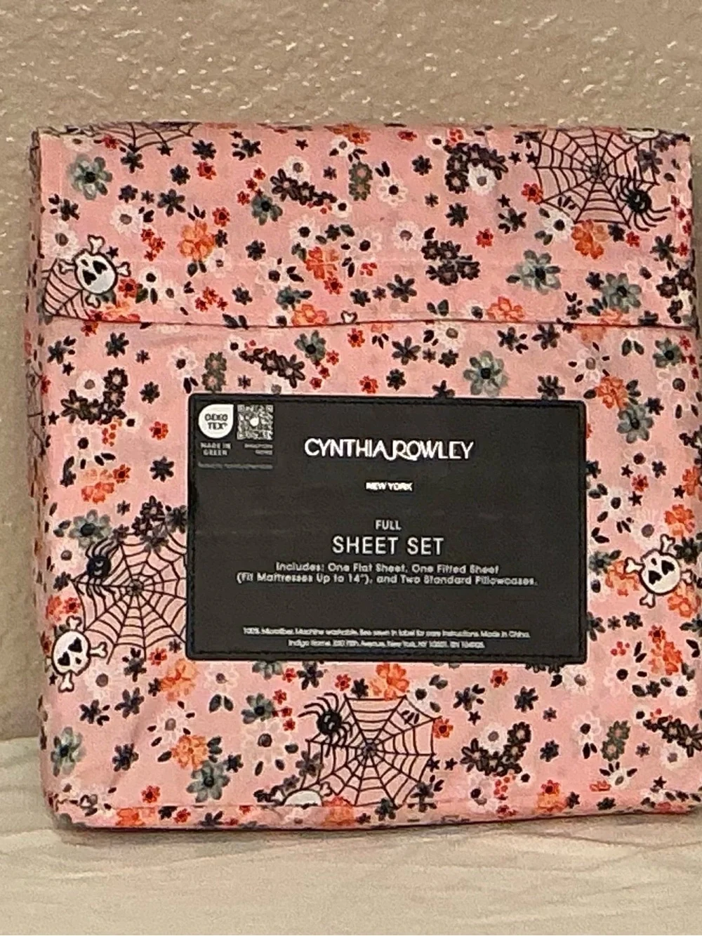 Cynthia Rowley Halloween Pink Floral Spiderwebs & Skulls Full Sheet Set